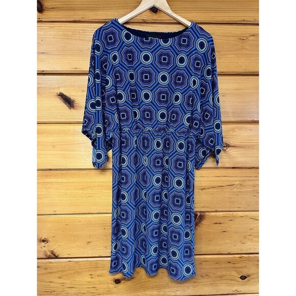 Grayson Blue & Black Geometric Print Dress With Wide Sleeves, Size Medium - Picture 1 of 4